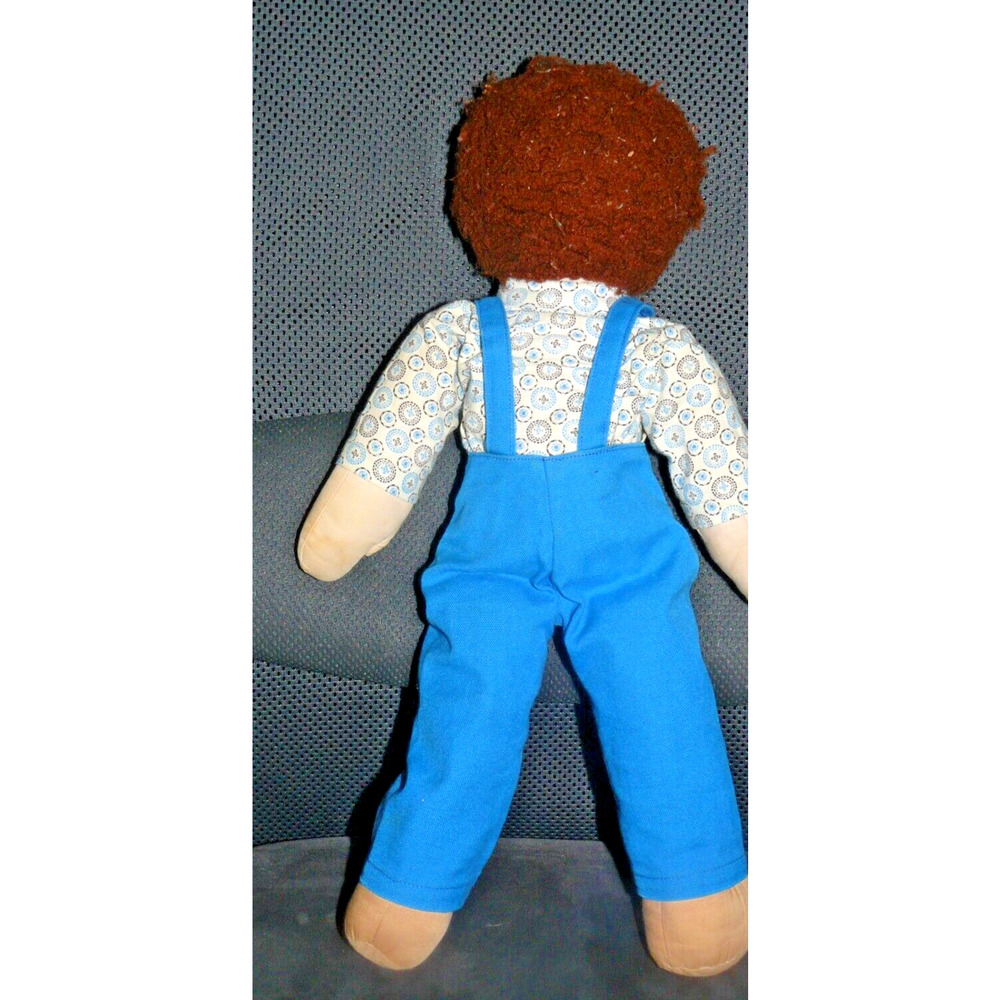 RARE VNTG cloth rag doll FARMER man in overalls red yarn hair embroidered face - Picture 2 of 2